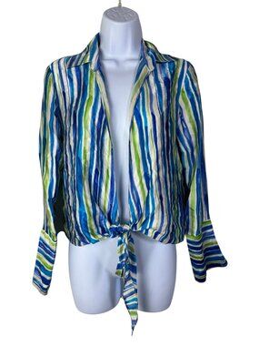 Vintage Cache 100% Silk Blue Green Striped Satin Top Womens Size Small Long slee